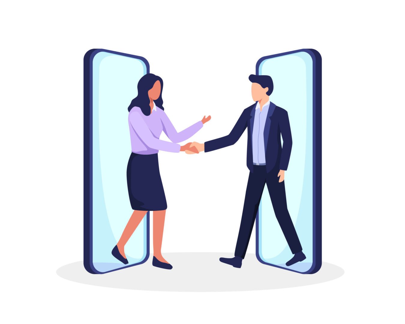 Businessman and businesswoman shaking hands after successful negotiations. Business people walking out smartphones screens, Distant meeting. Vector in flat style